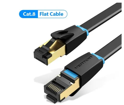 CAT8 shielded Ethernet cable with RJ45 connectors, shown in flat and round styles on a desktop.
