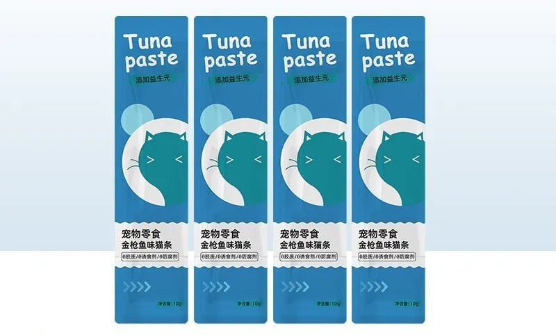 Pack of 10 cat snack strips for kittens in four flavour varieties