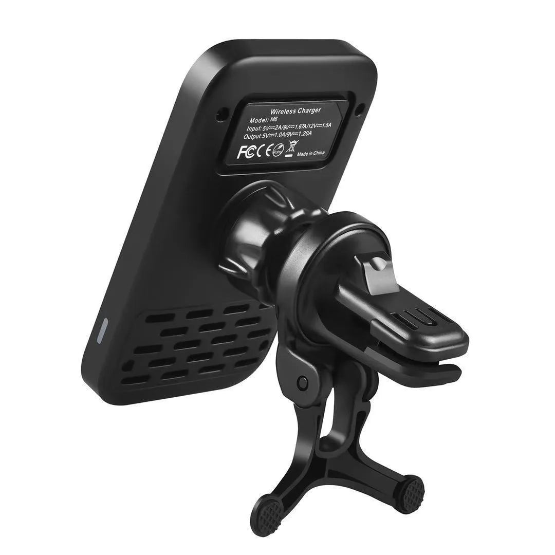 Black M6 magnetic car wireless charger mounted on vehicle dashboard with phone attached