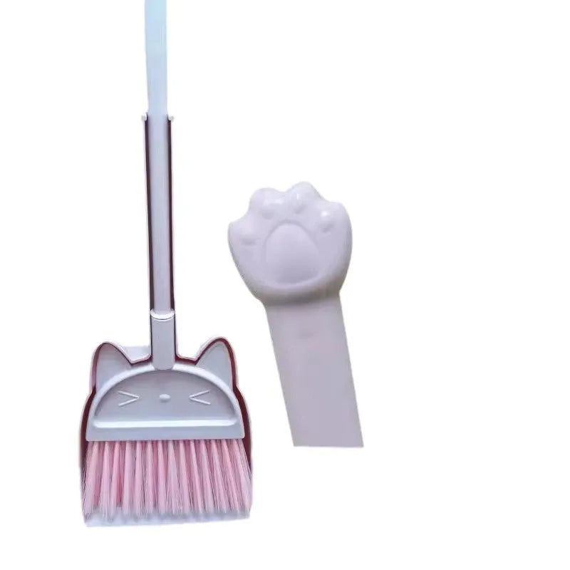 Plastic broom and dustpan set with adjustable rotating brush head in beige colour.
