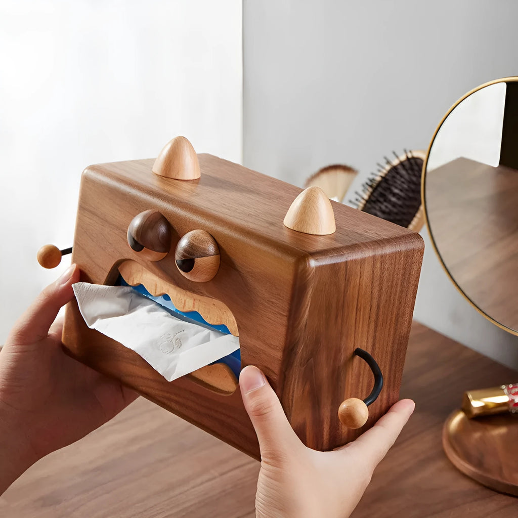 Wooden tissue box holder with Little Monster cartoon design measuring 190x104x125mm