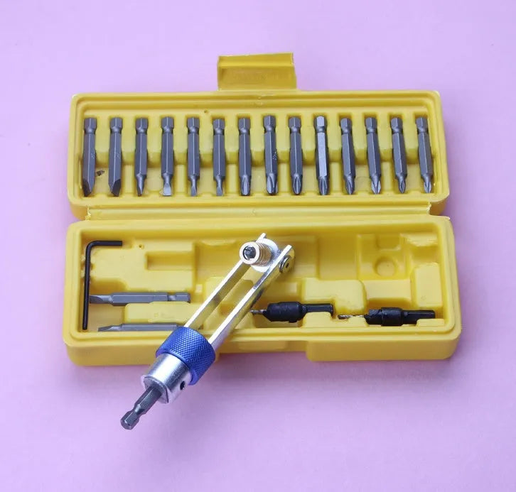 Half Time Drill adapter set with swivel head driver, Phillips bits, flathead bits, and countersink bits.