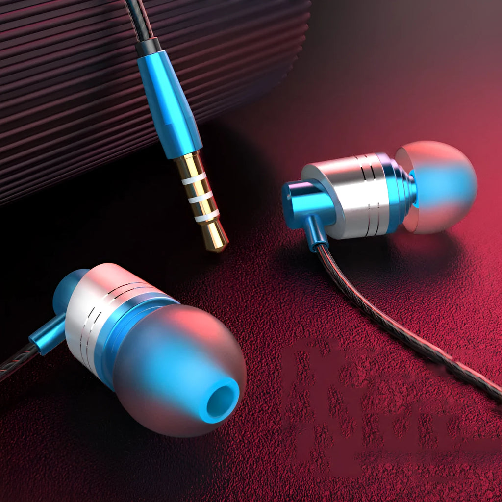 Wired in-ear gaming headphones with microphone in black, blue, and red colour options showing 3.5mm plug