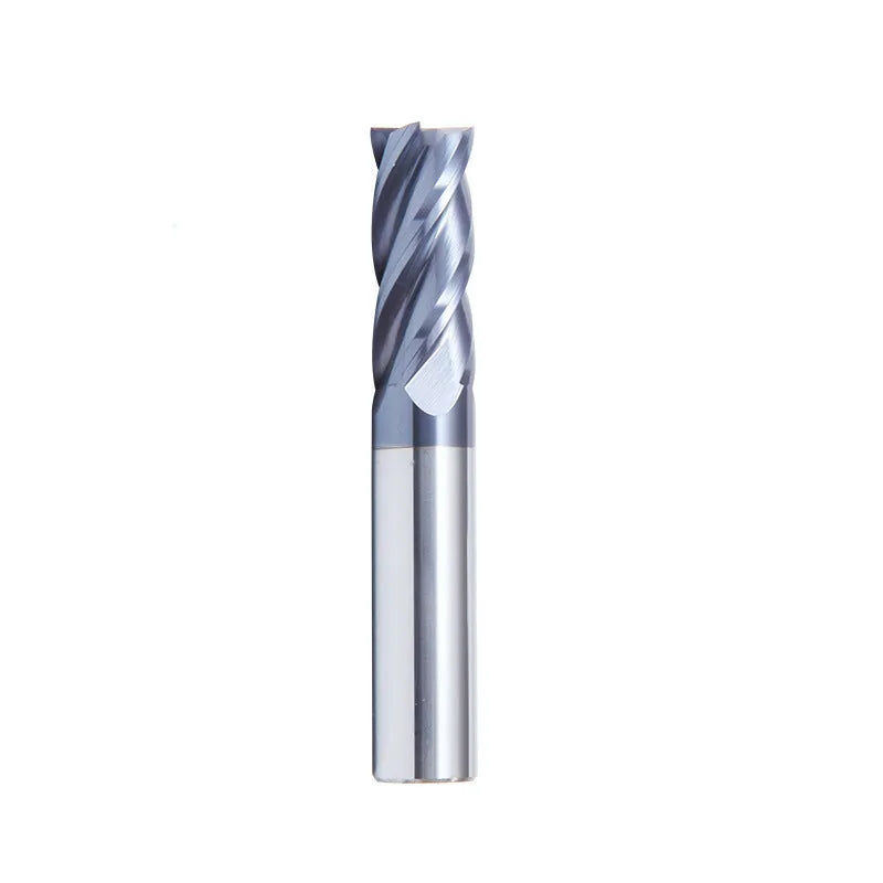 Carbide milling cutter with spiral flutes and straight shank on a grey background.