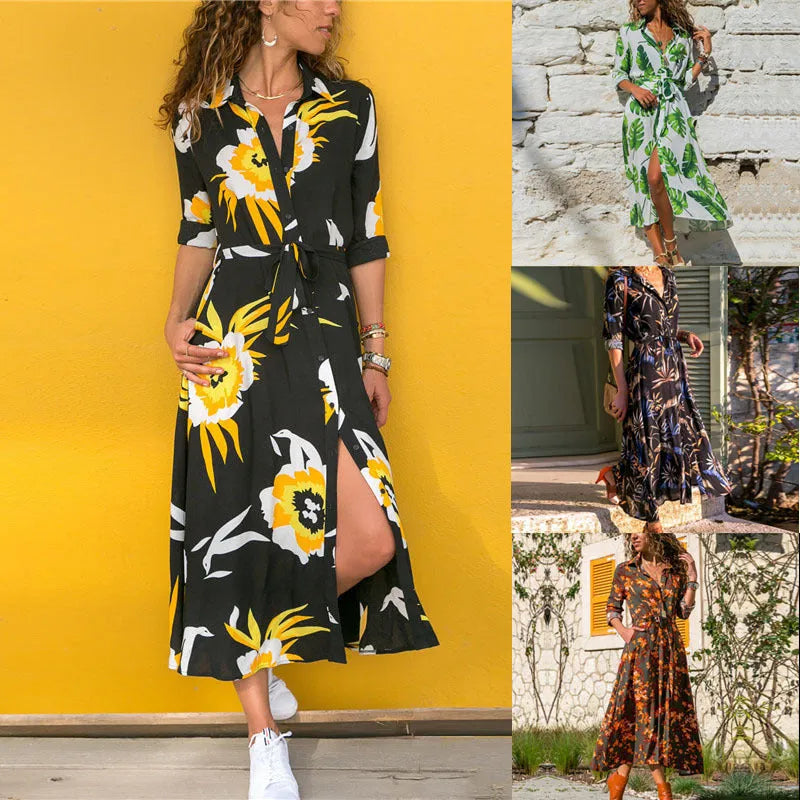 Women's Madrid Vintage print chiffon A-line dress with high waist and V-neck.
