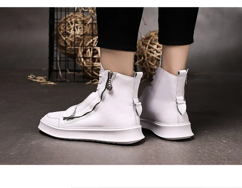 Men's black and white high-top sneaker style ankle boots made from PU leather microfiber for winter.