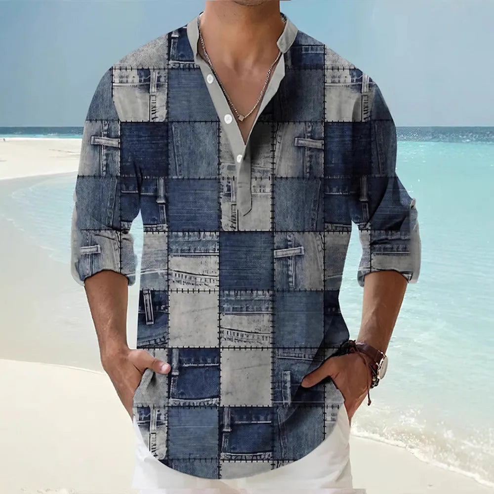 A person wearing a thin, striped long sleeve Hawaiian shirt in a digital bamboo linen style.