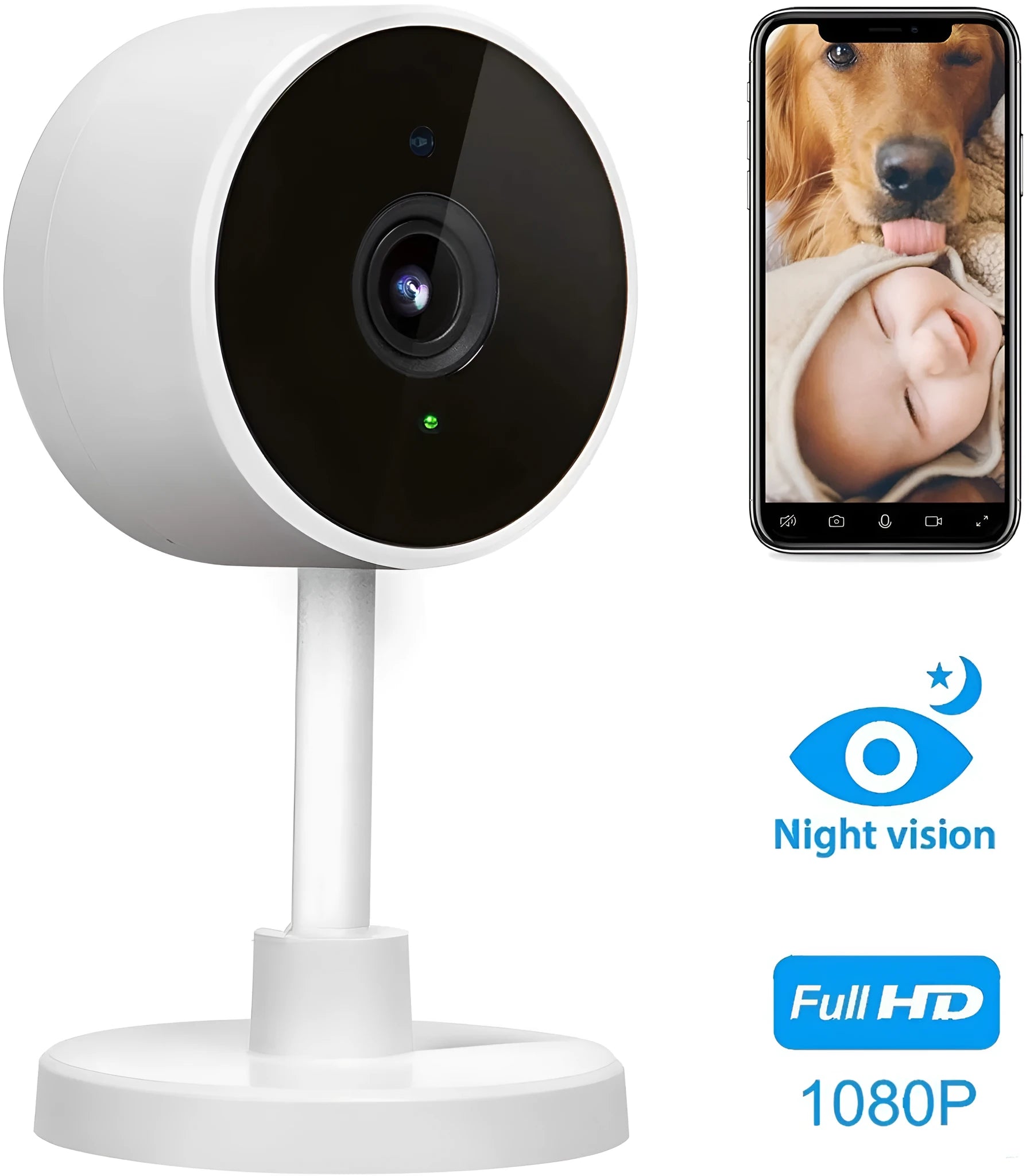 White gun-style WiFi security camera with 1080p HD resolution and anti-theft alarm system