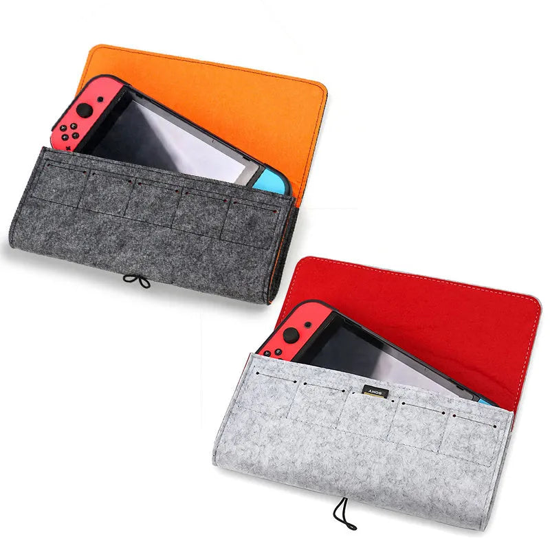 Black felt pouch for Nintendo Switch console with a carrying handle and game card slots