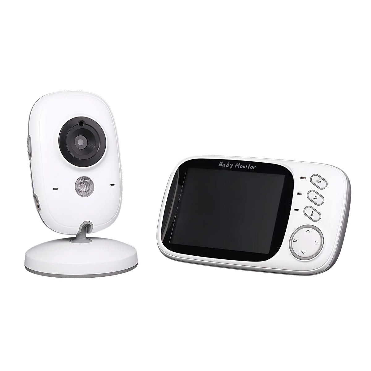 VB603 digital wireless baby monitor with parent unit showing 3.2-inch colour screen and separate camera unit.