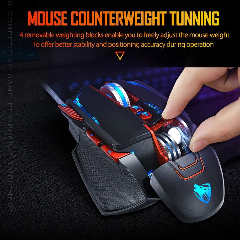 Thunder Wolf V9 black wired gaming mouse showing ergonomic shape and six programmable buttons