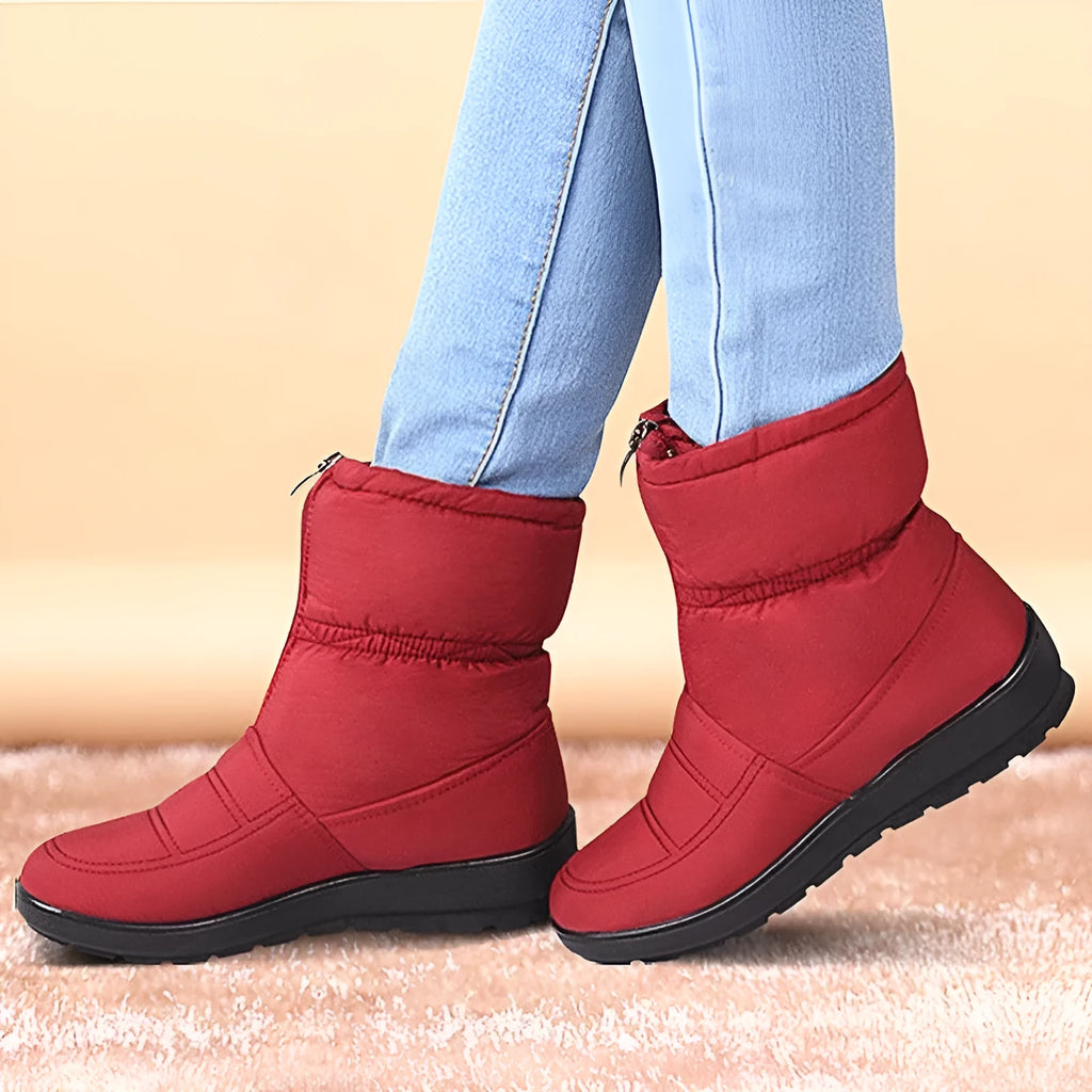 Women's winter snow boots with cloth upper, 3cm heel, 16cm tube height, artificial thick hair lining, black brown red.
