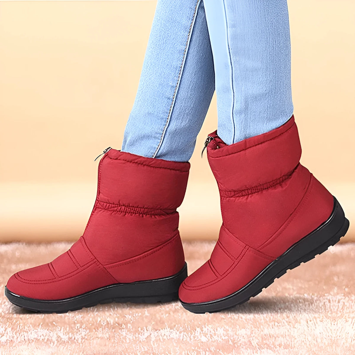 Women's winter snow boots with cloth upper, 3cm heel, 16cm tube height, artificial thick hair lining, black brown red.