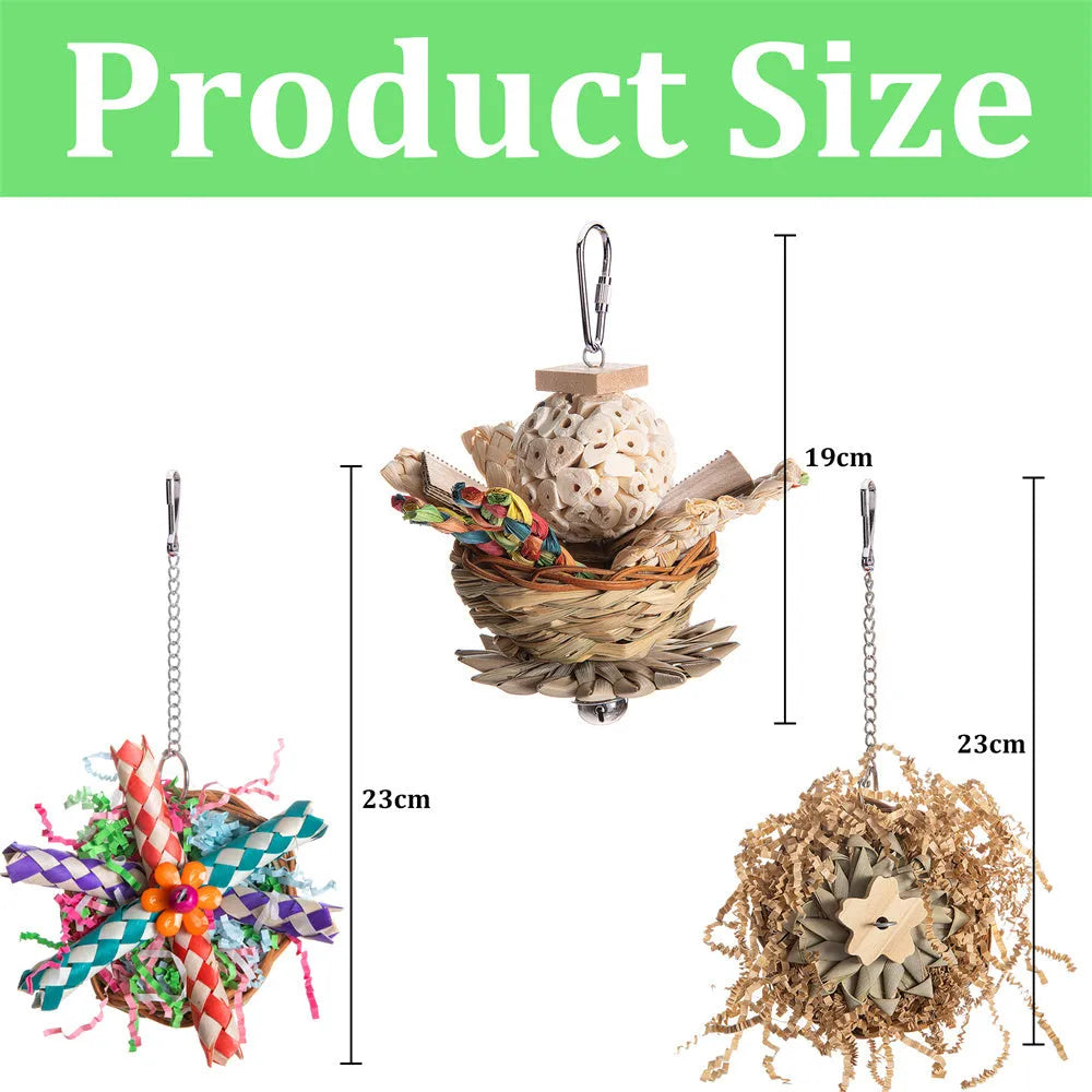 Parrot gnawing toy with coloured wood blocks on rope for small to medium birds