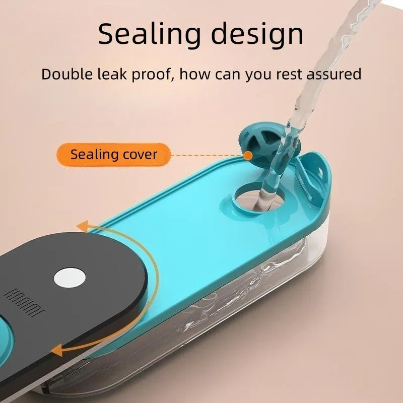Blue portable dog water bottle with foldable silicone drinking bowl attached, showing screw lid.