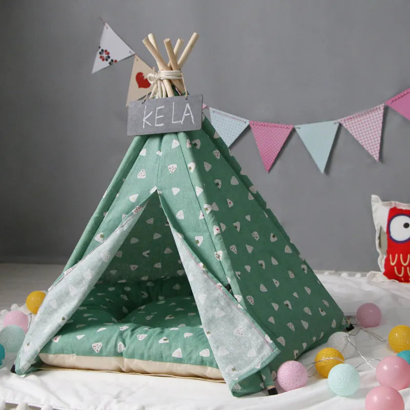 Green triangular cotton pet tent kennel for dogs and cats, wood stick splicing pet nest in S M L sizes