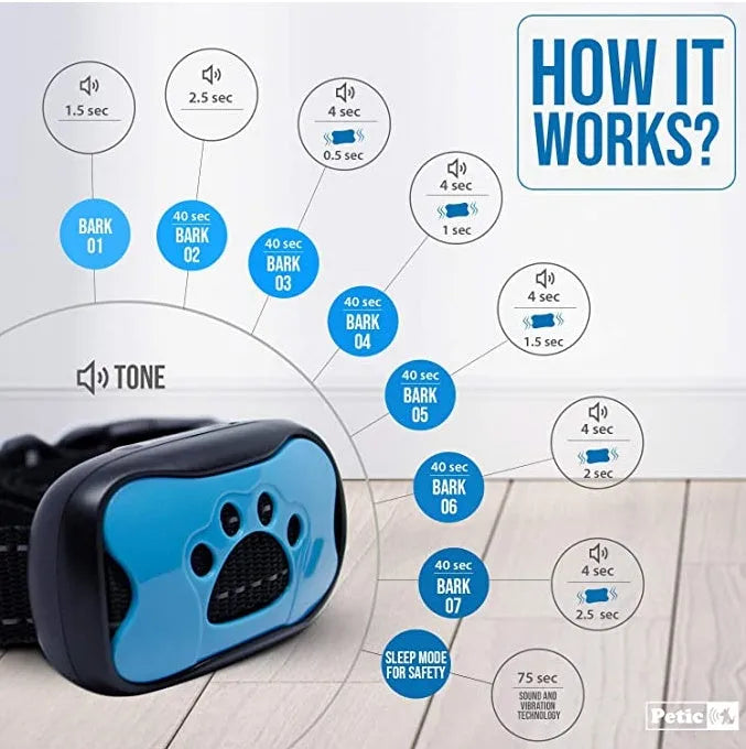 Anti-barking dog collar with sound and vibration, adjustable 17-55 cm, ABS plastic, Blue or Red