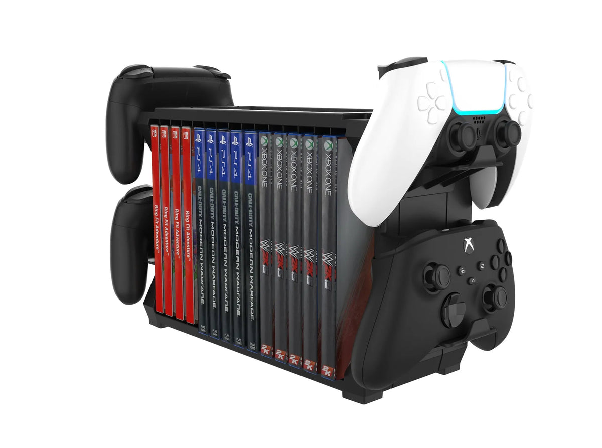 Black ABS plastic PS5 disc holder stand with slots for game cartridges and four controllers