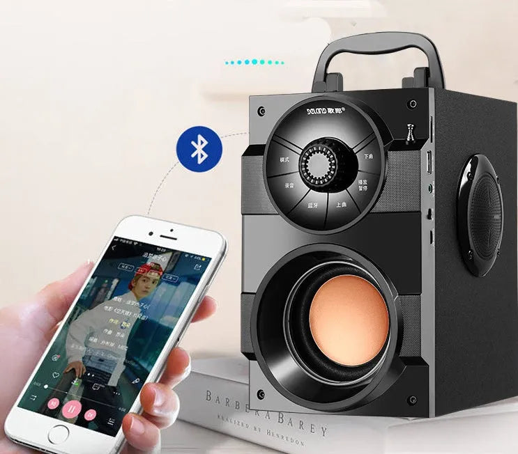 Black portable mini audio system with subwoofer, main box, satellite box, and 1.2 metre connection cable.