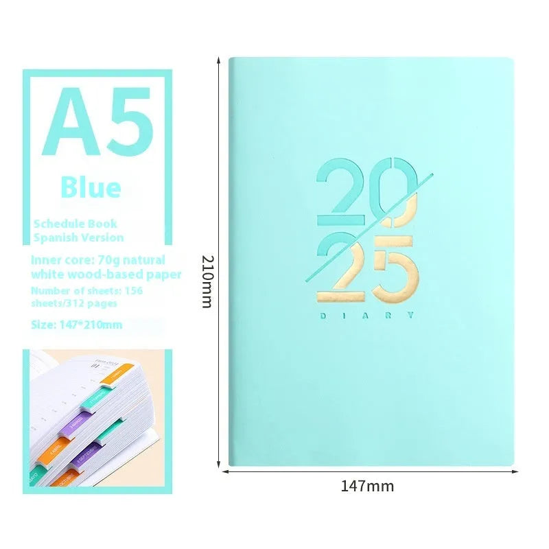 A5 2025 daily planner schedule book with faux leather cover shown in blue colour option