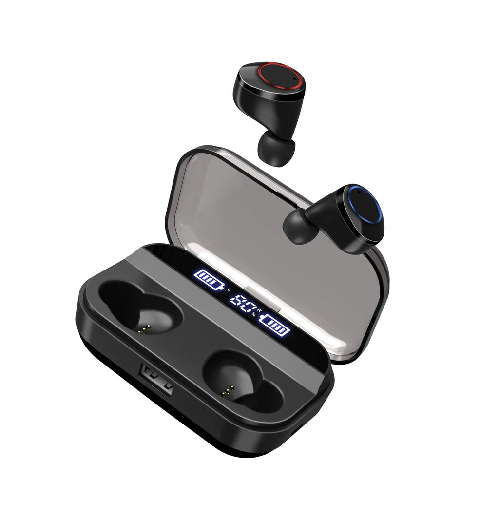 Black X11 wireless Bluetooth earbuds and charging case with silicone ear tips on a white background.