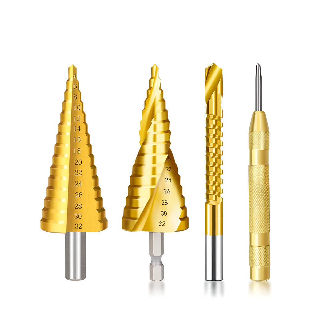 Cone drill bit and centre punch set with high-speed steel step drills in a case, colour-coded options shown.