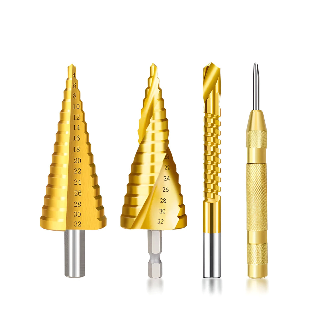 Cone drill bit and centre punch set with high-speed steel step drills in a case, colour-coded options shown.