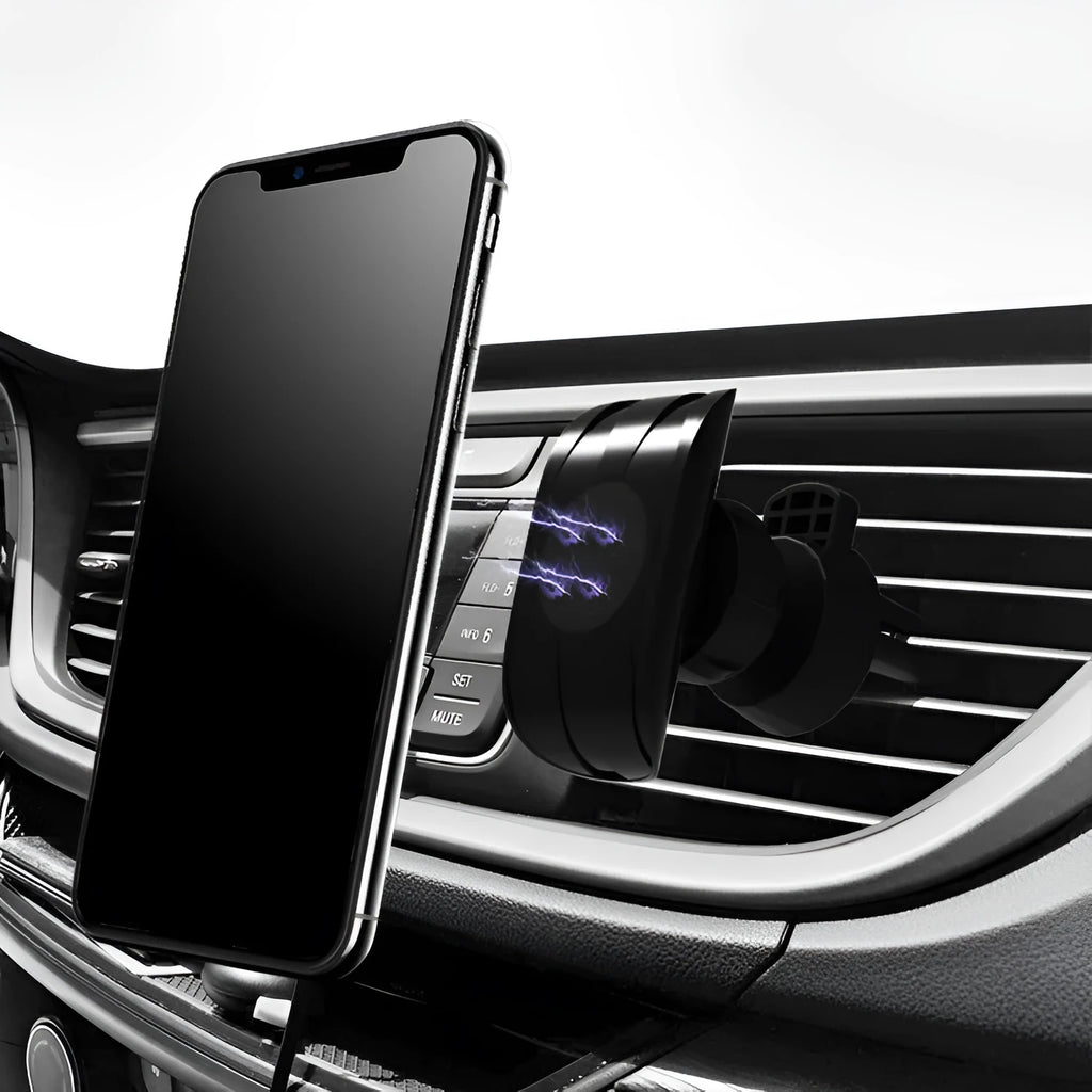 Matte black car phone holder clipped to air vent with adjustable side arms for smartphones