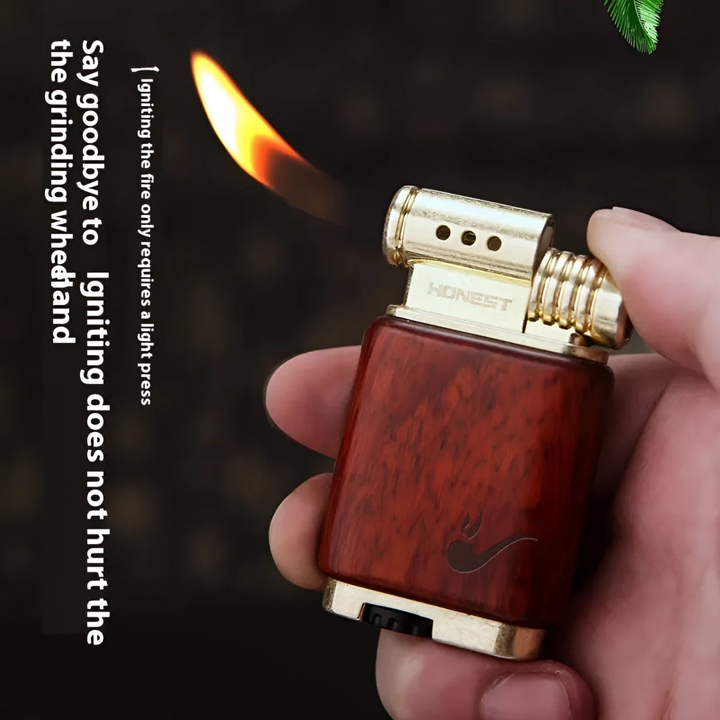 Ebony gas lighter showing four wooden design variations: Black Wood, Rosewood Sun Surface, Rosewood Good Luck and Red Wood Tube
