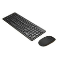 Black wireless keyboard and mouse set with USB receiver on wooden desk