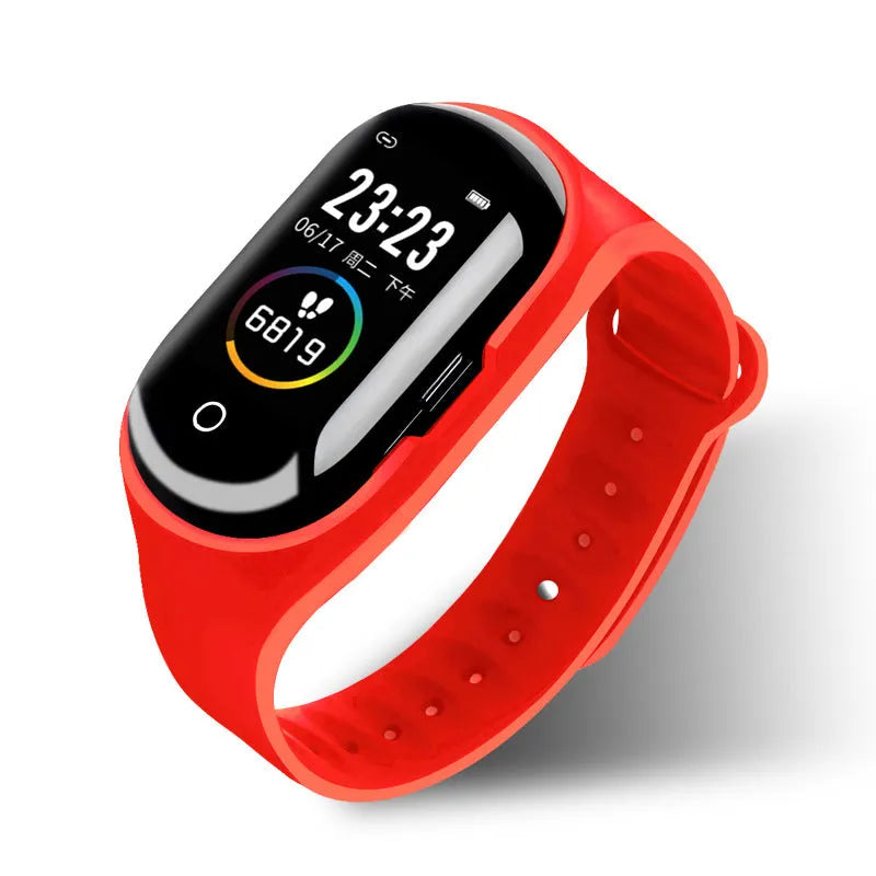 Smart bracelet and earphone combo in black, blue, or red with a 1-inch screen and silicone wristband