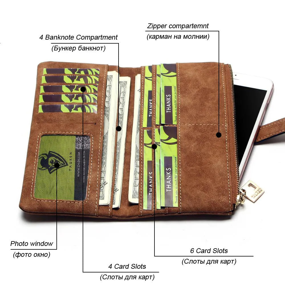 Women's retro matte PU leather long wallet with zipper closure showing interior compartments