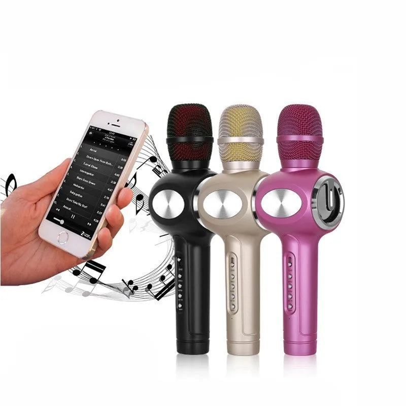 Yaerjia E108 mobile microphone in black, gold, or pink with capacitive pickup and built-in speaker