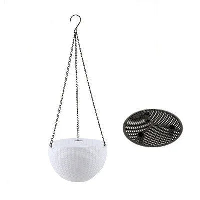 Injection moulded plastic hanging basket planter with inner tank and chain in one of seven colours.