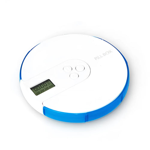 Blue 7-compartment alarm clock pill dispenser showing time display and medication slots