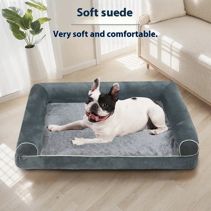 Square sponge dog bed with removable cloth cover shown in blue, size XL.