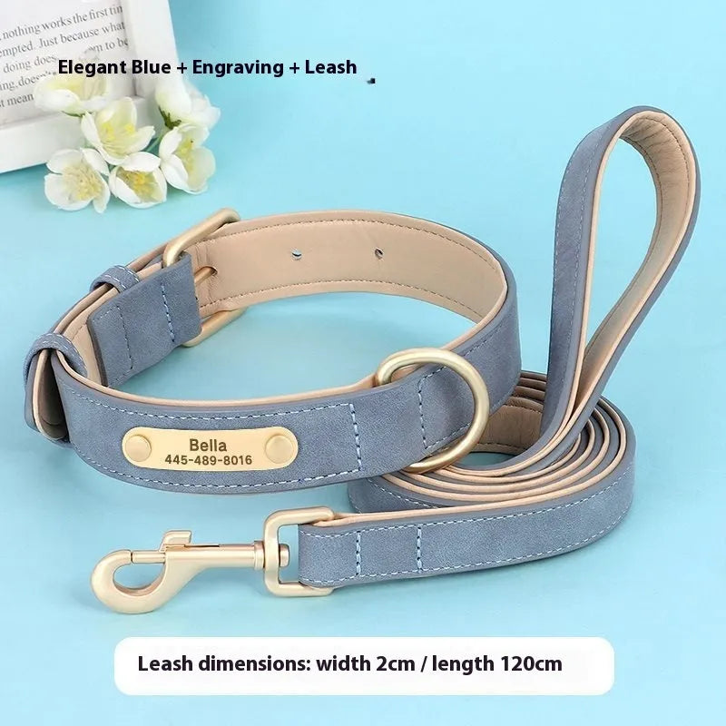 Double-layer leather and mohair dog collar with attached lead in rose red, brown, and blue colour options.