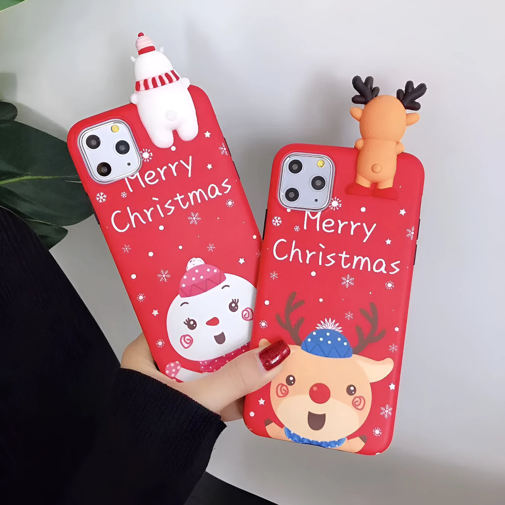 Christmas design silicone back cover case for various iPhone models on a red background.
