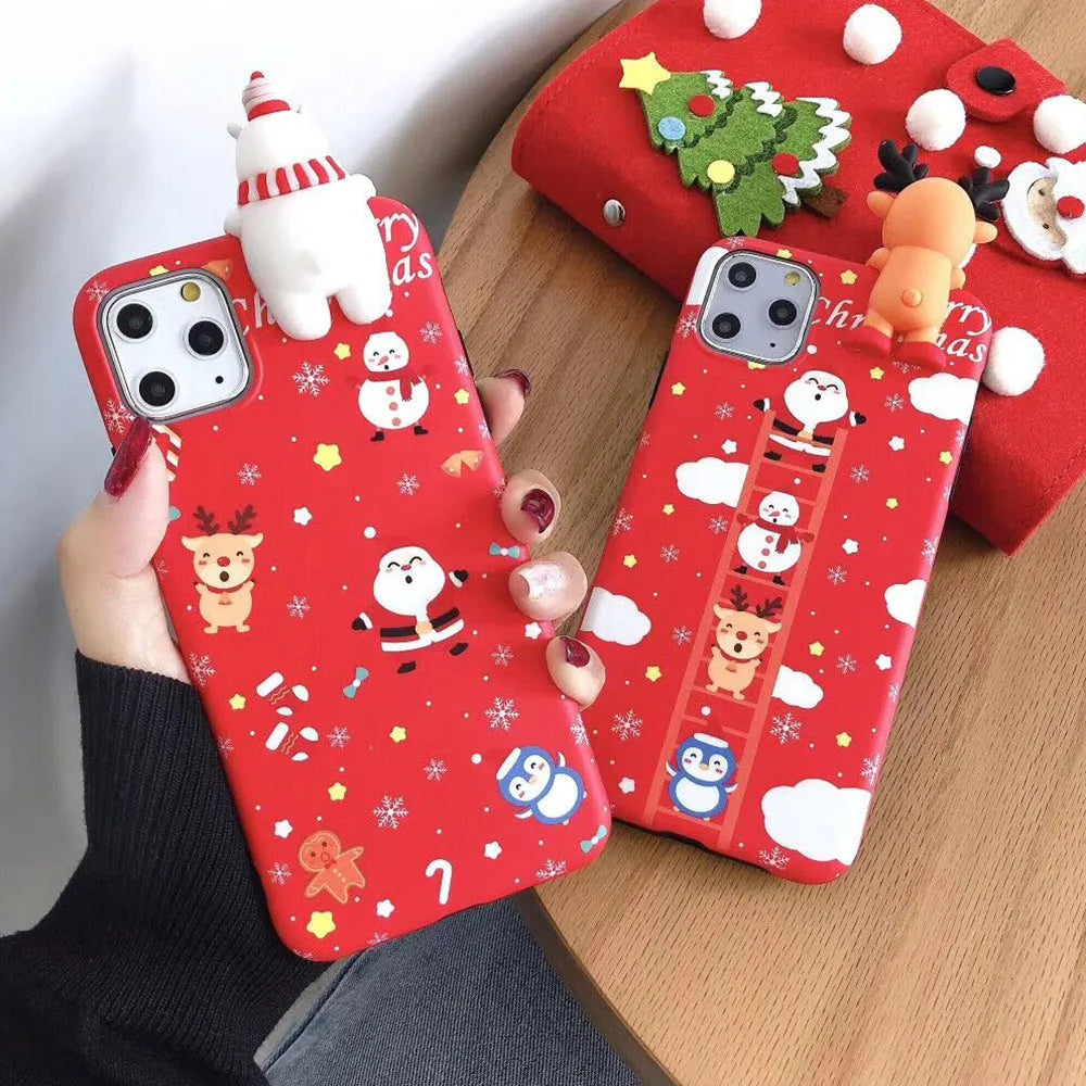 Christmas design silicone back cover case for various iPhone models on a red background.