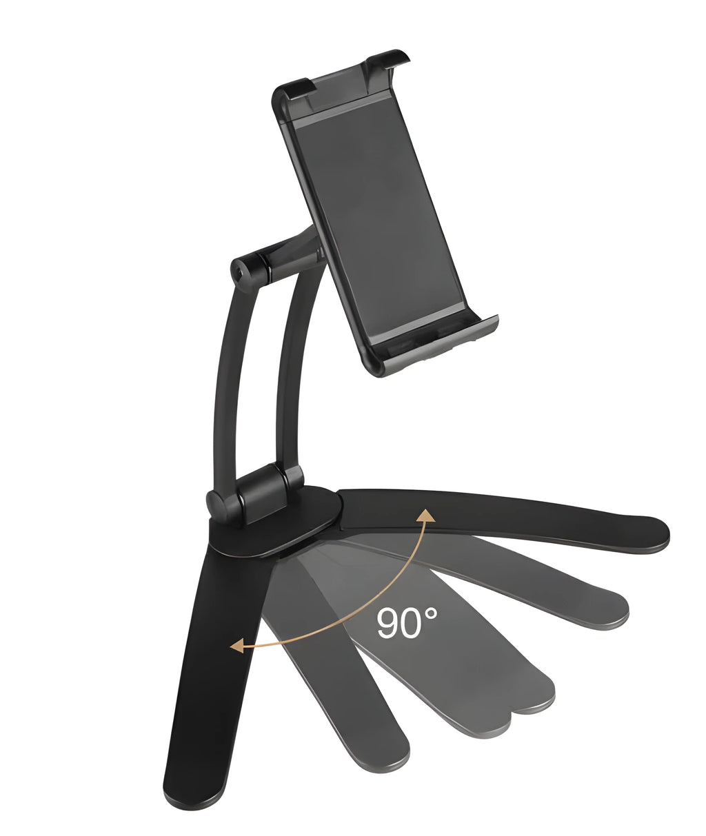 Silver and white aluminum alloy desktop stand holding a tablet at an adjustable angle.