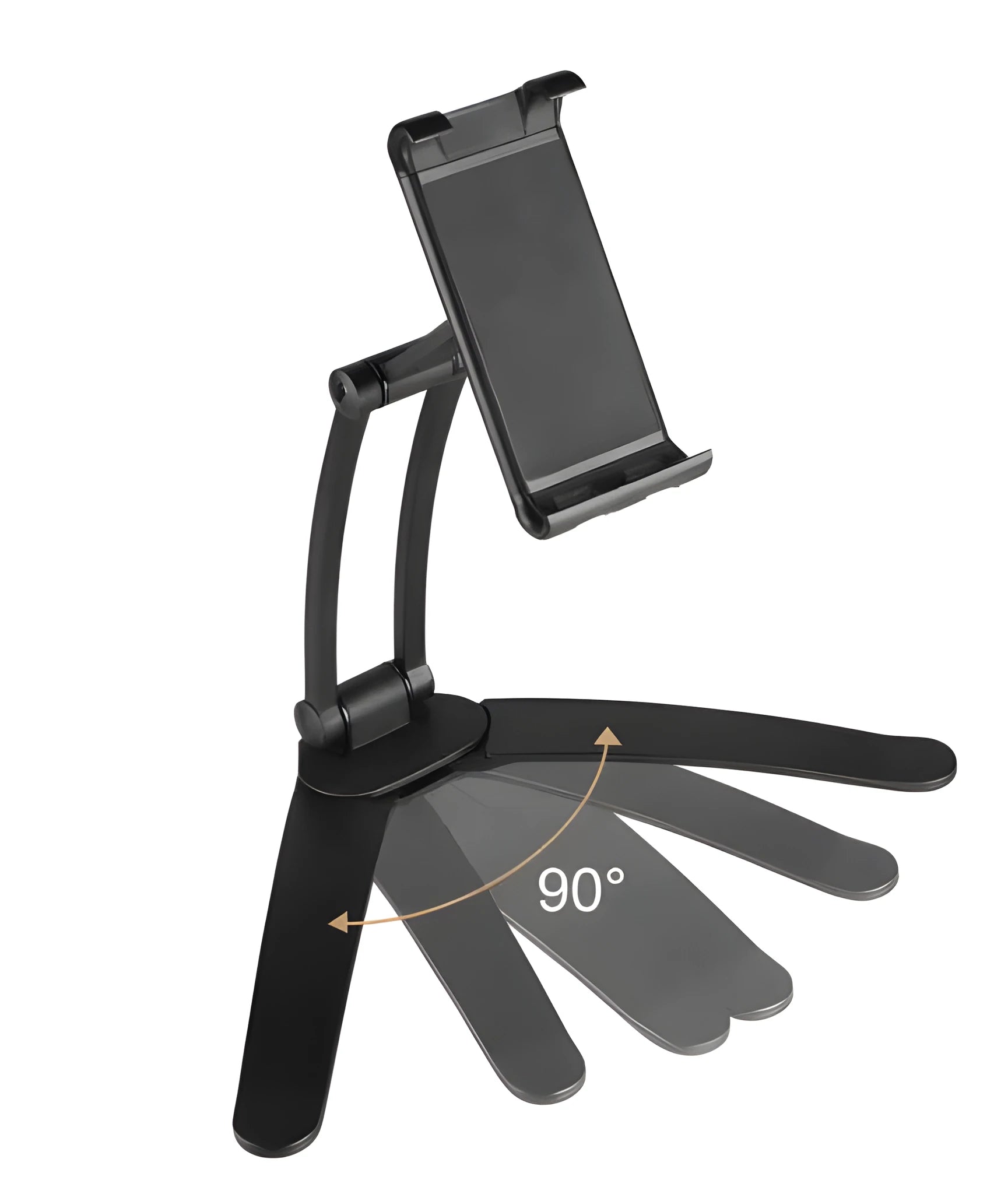 Silver and white aluminum alloy desktop stand holding a tablet at an adjustable angle.