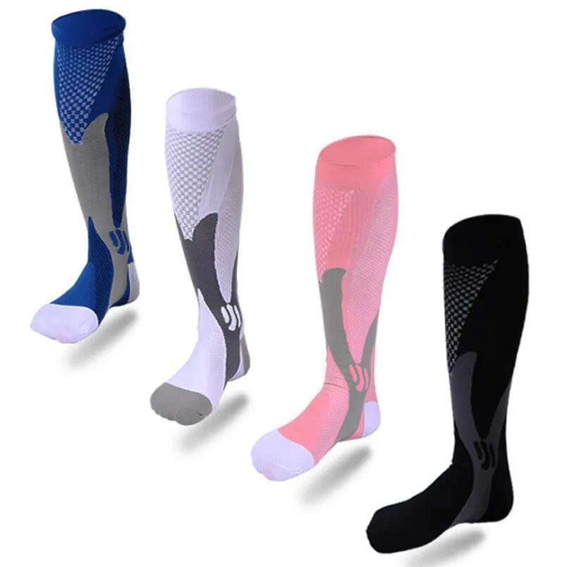 Graduated compression socks for men and women in black, blue, orange, pink, and white colour options