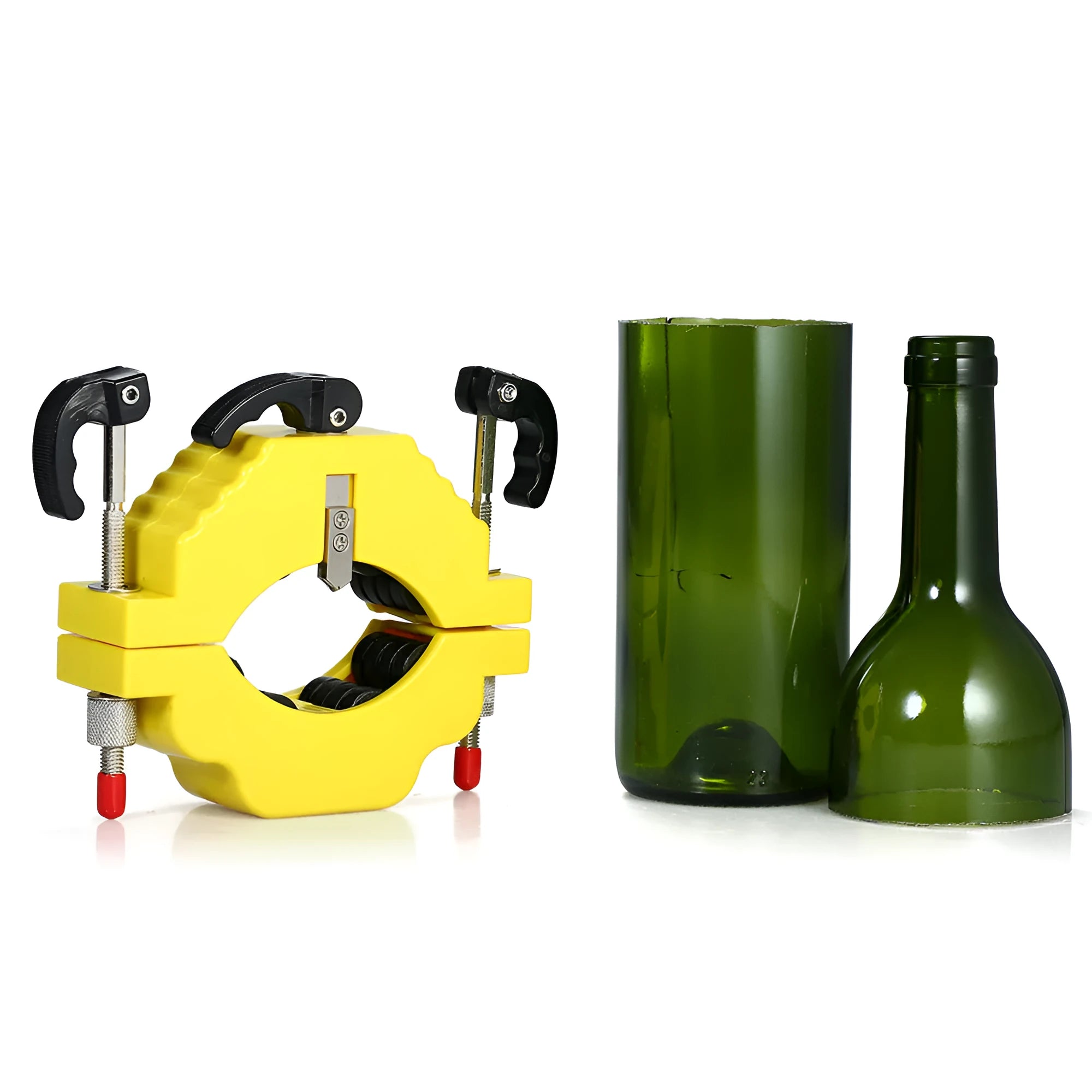 Yellow bottle cutter tool for cutting glass bottles, showing adjustable mechanism and stainless steel blade.