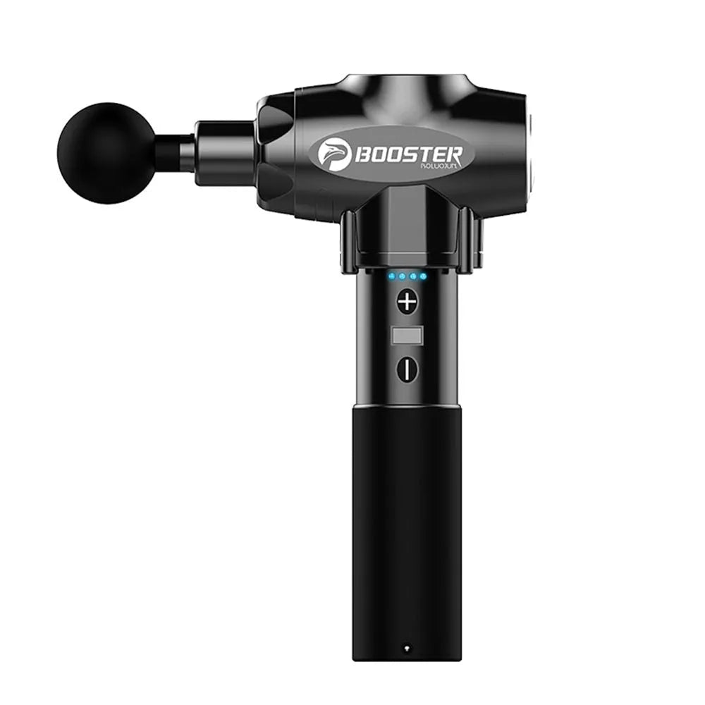 Black and white muscle massage gun with adjustable speed control and lithium battery power
