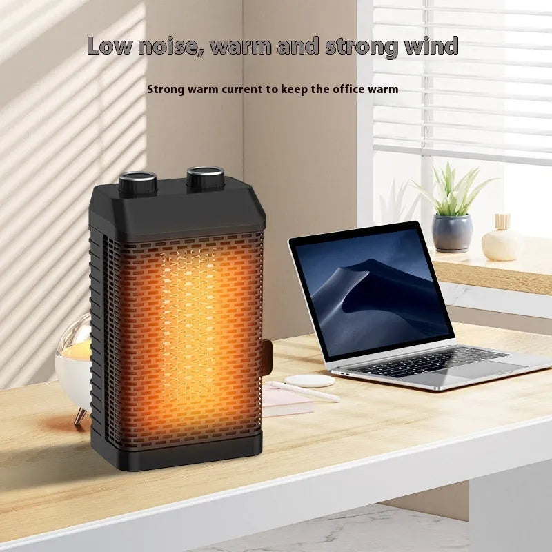 Black desktop smart heater with remote control on a wooden desk.
