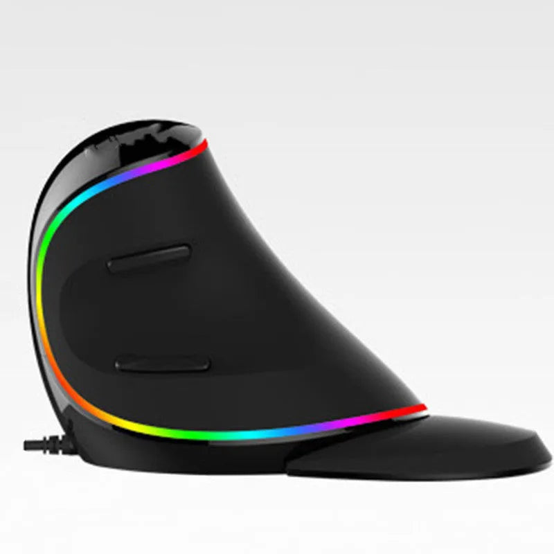 Vertical snail-shaped ergonomic wired computer mouse with RGB lighting on a desk.