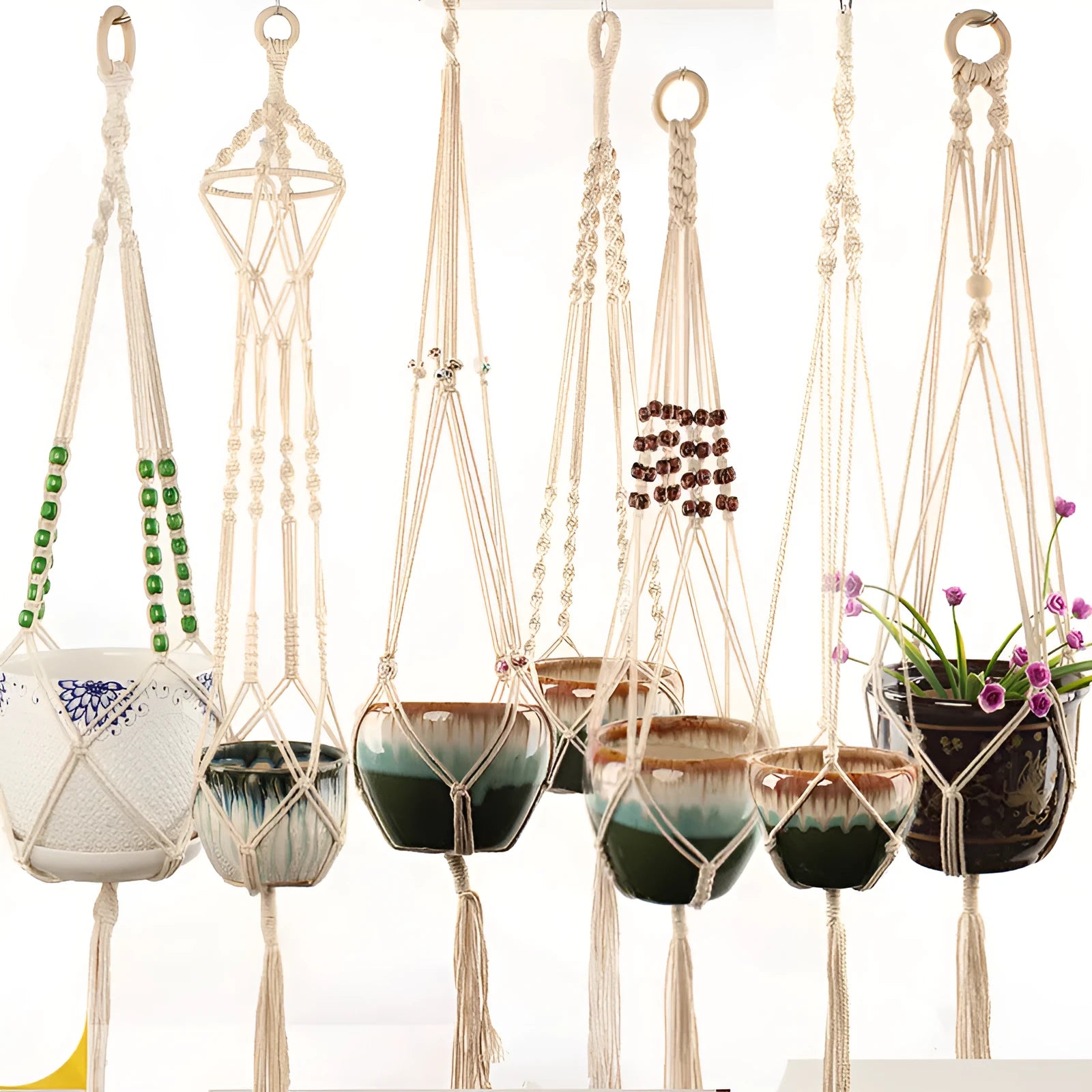 Woven wire plant basket with cotton rope, shown as a desktop planter and wall hanging style.