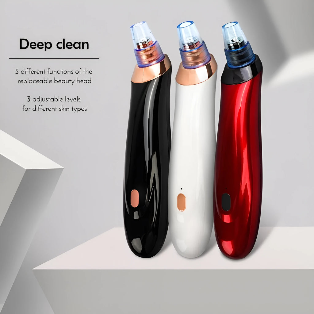 Black, gold, red, or white electric blackhead remover device with nozzle attachments on a white background.