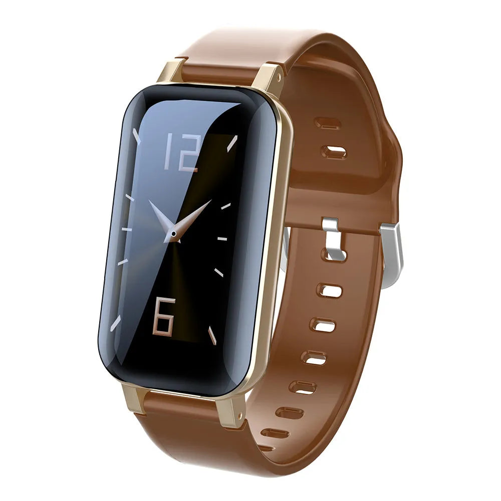 Call Bracelet smart wearable in Black, Blue, or Coffee colour with heart rate monitor on wrist.