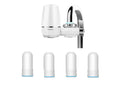 White faucet-mounted water purifier with ceramic filter and adapter kit for kitchen tap installation.